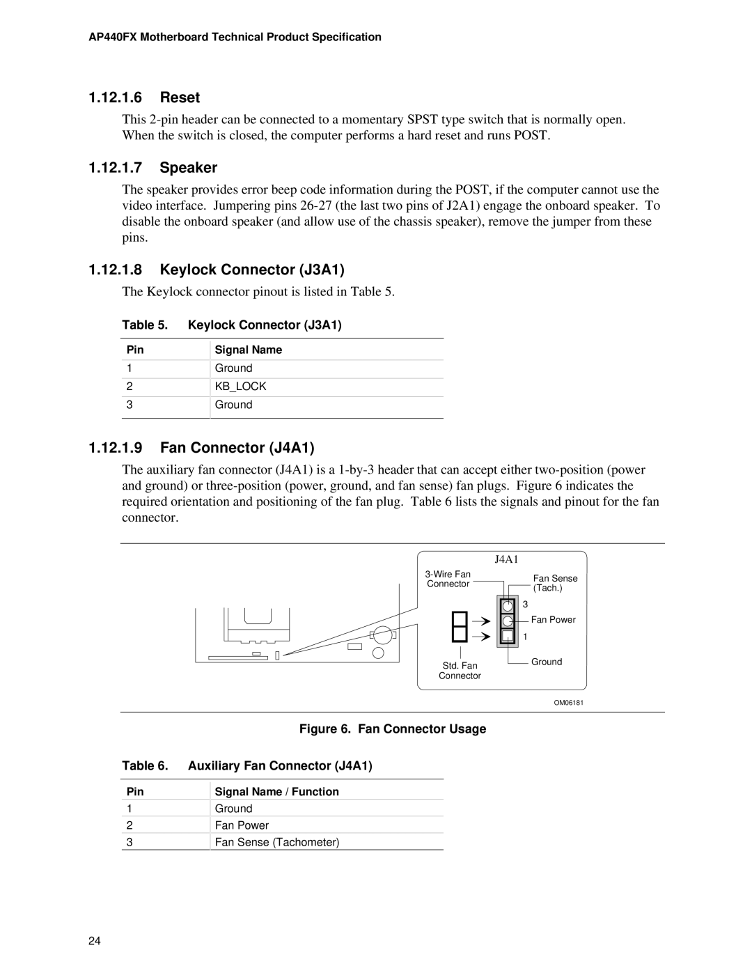 Intel AP440FX specifications Reset, Speaker, Keylock Connector J3A1, Fan Connector J4A1 