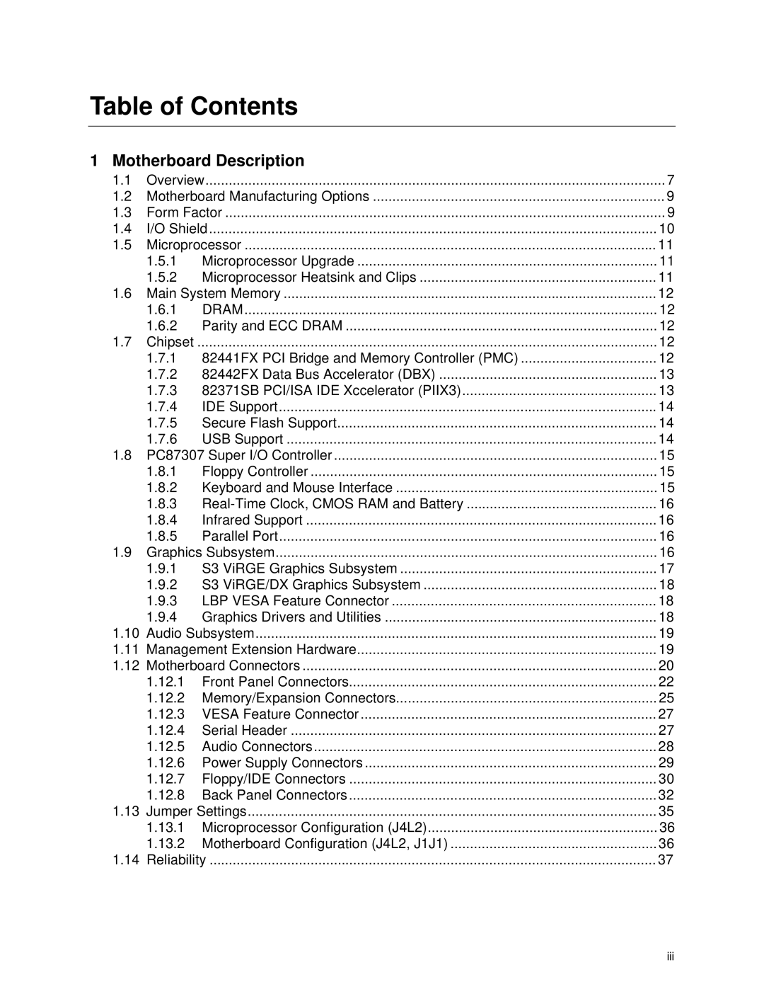 Intel AP440FX specifications Table of Contents 