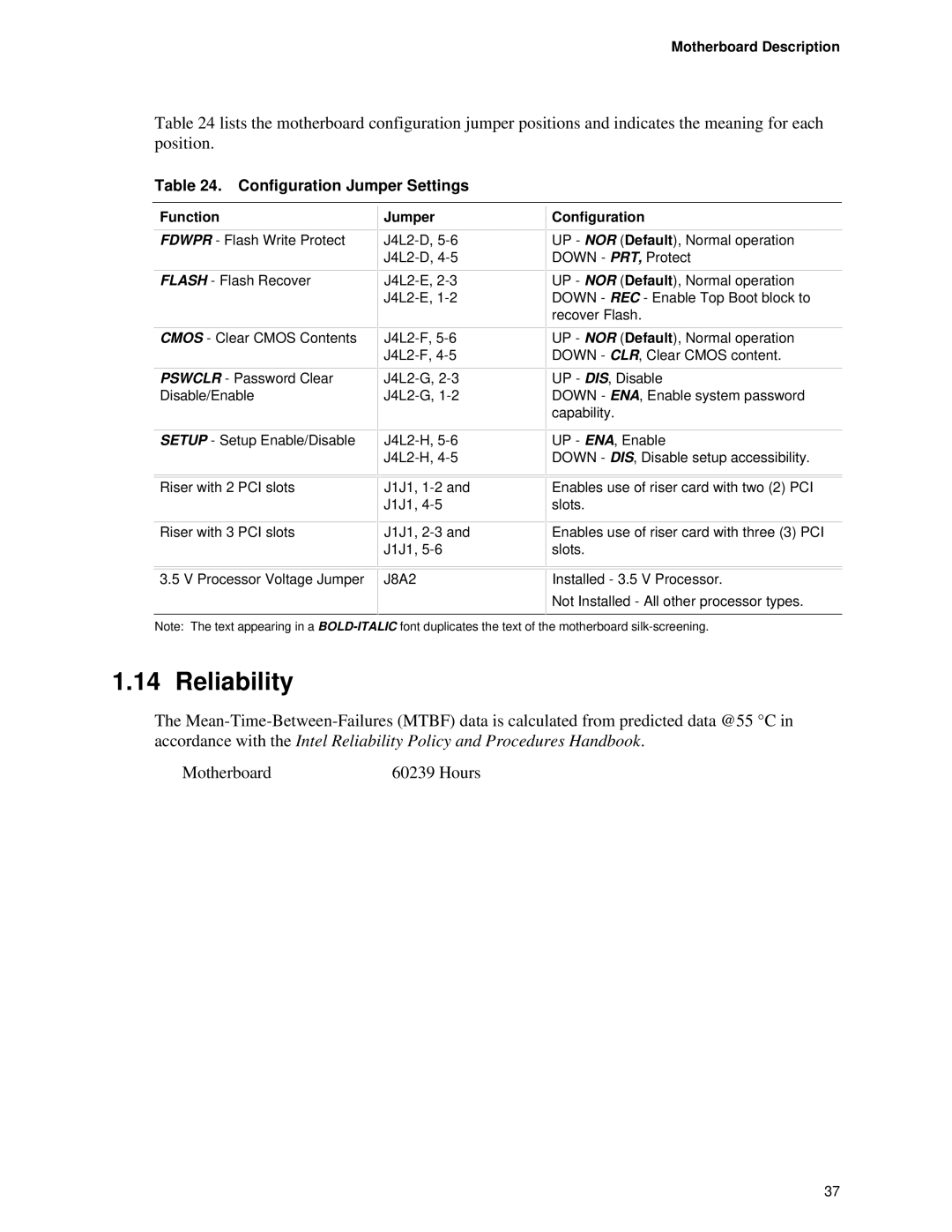 Intel AP440FX specifications Reliability, Configuration Jumper Settings 