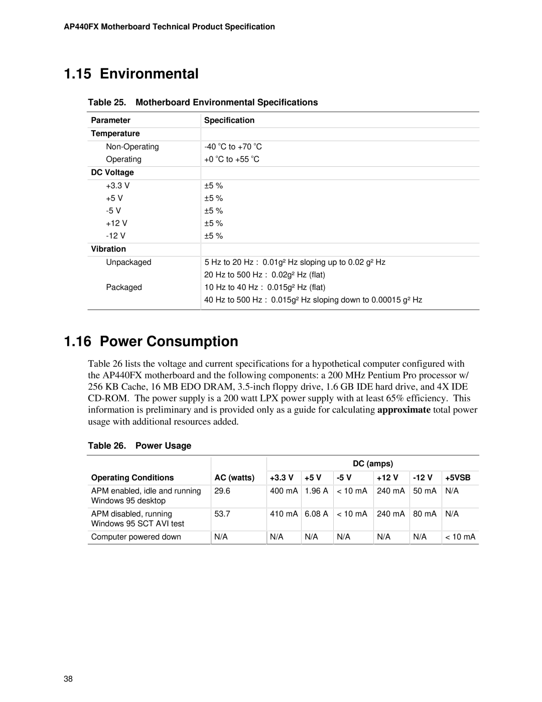 Intel AP440FX specifications Power Consumption, Motherboard Environmental Specifications, Power Usage 