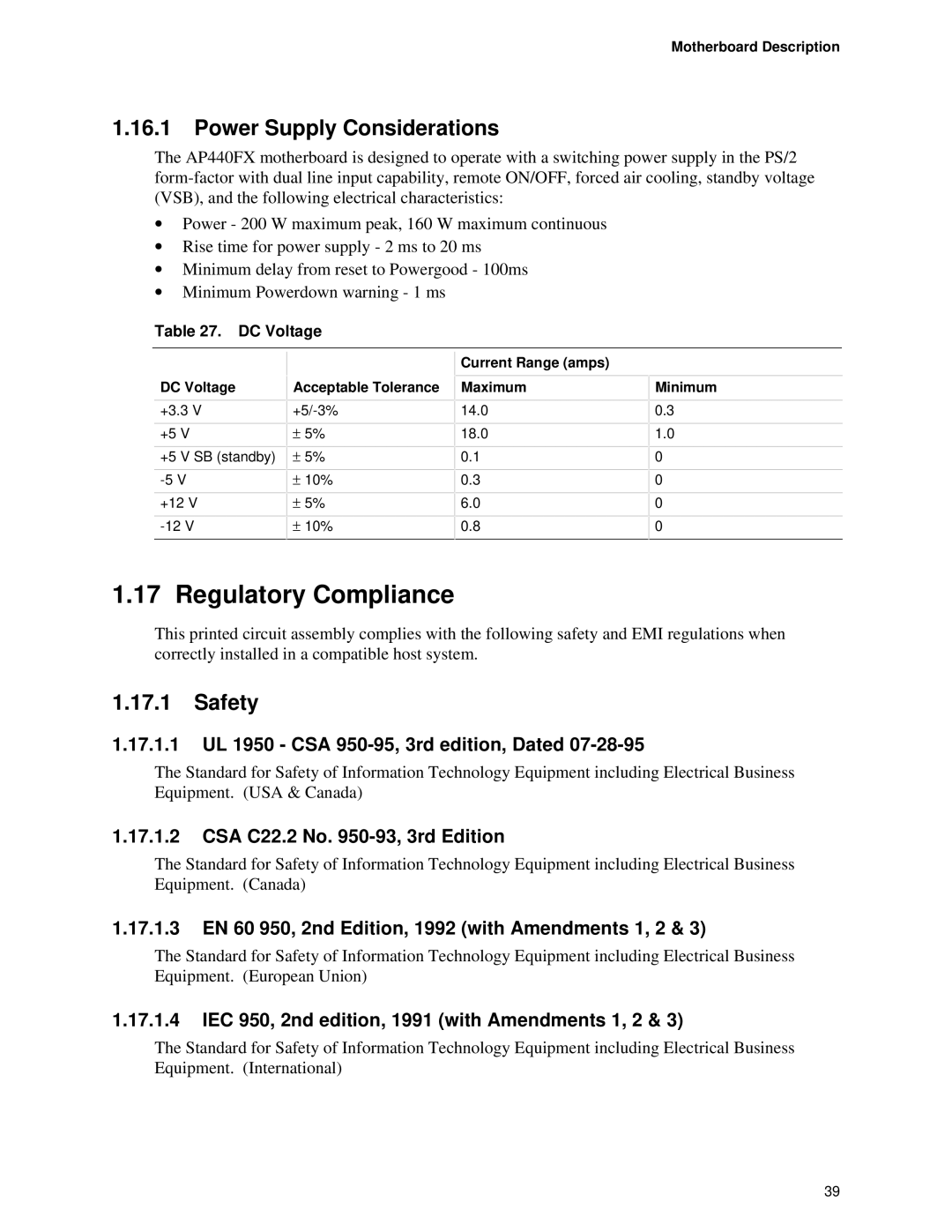 Intel AP440FX specifications Regulatory Compliance, Power Supply Considerations, Safety 