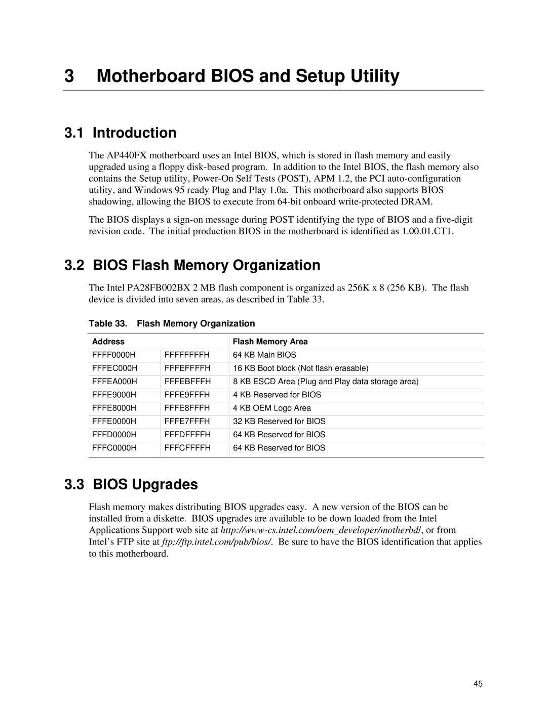 Intel AP440FX specifications Introduction, Bios Flash Memory Organization, Bios Upgrades 