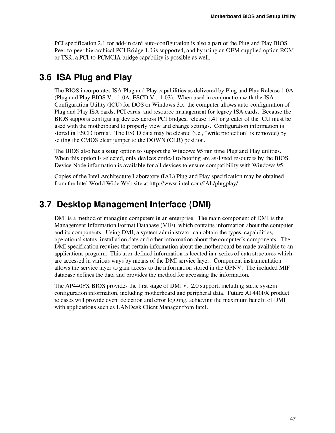 Intel AP440FX specifications ISA Plug and Play, Desktop Management Interface DMI, Motherboard Bios and Setup Utility 