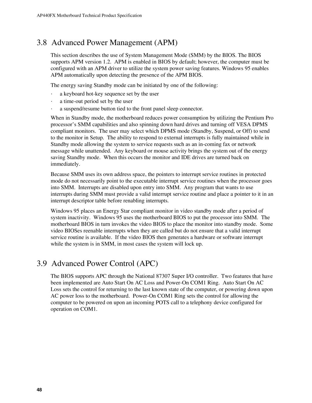 Intel AP440FX specifications Advanced Power Management APM, Advanced Power Control APC 