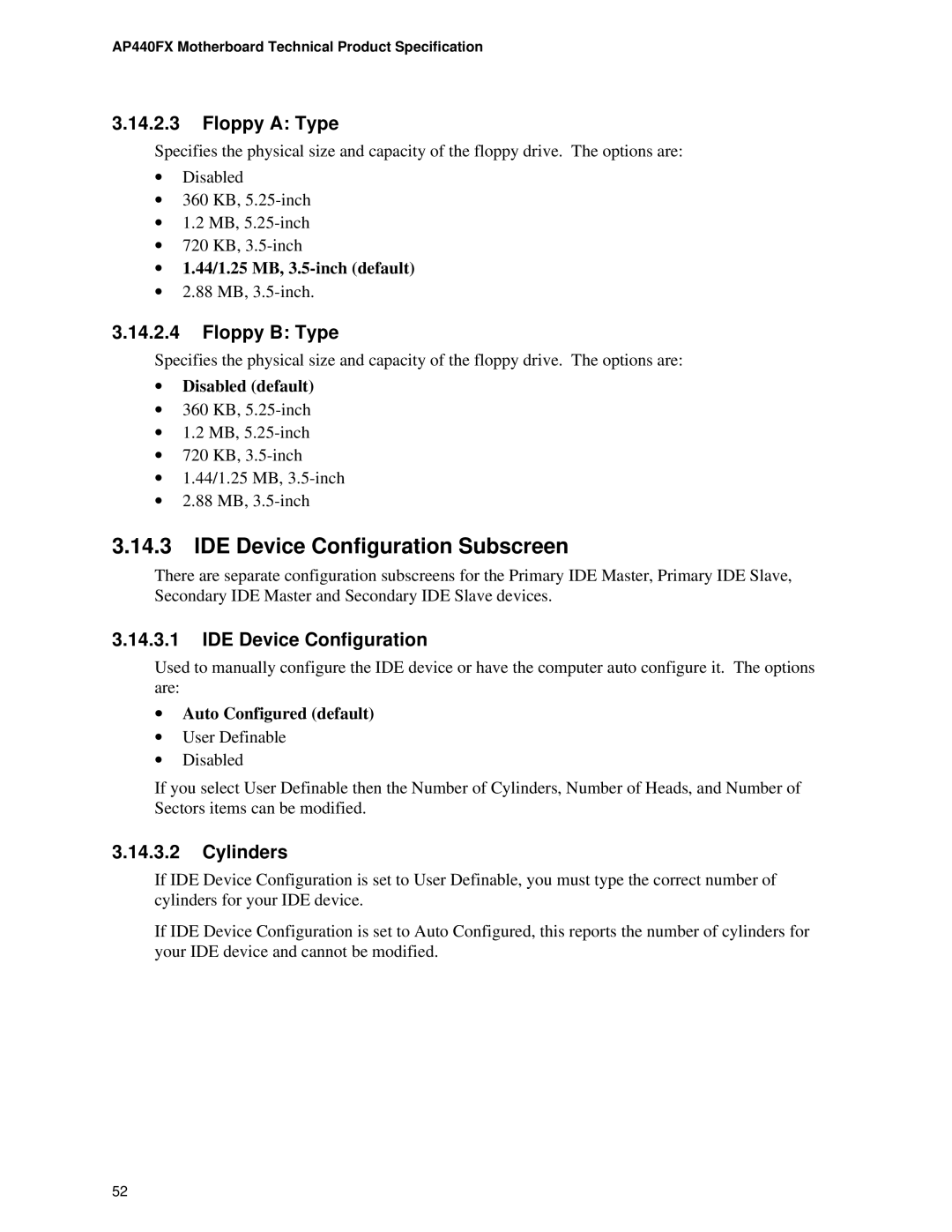 Intel AP440FX specifications IDE Device Configuration Subscreen, Floppy a Type, Floppy B Type, Cylinders 