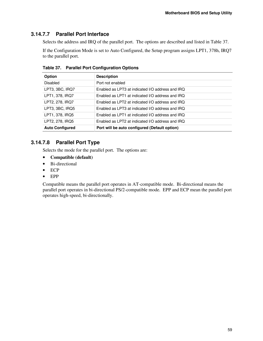 Intel AP440FX Parallel Port Interface, Parallel Port Type, ∙ Compatible default, Parallel Port Configuration Options 