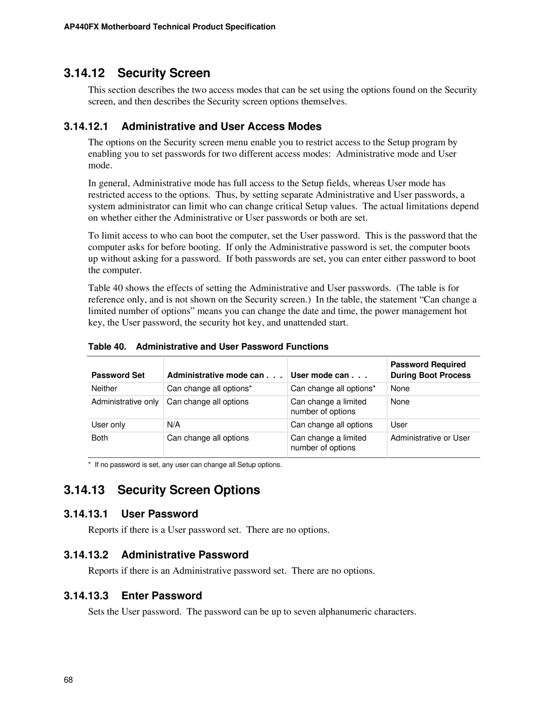 Intel AP440FX specifications Security Screen Options 