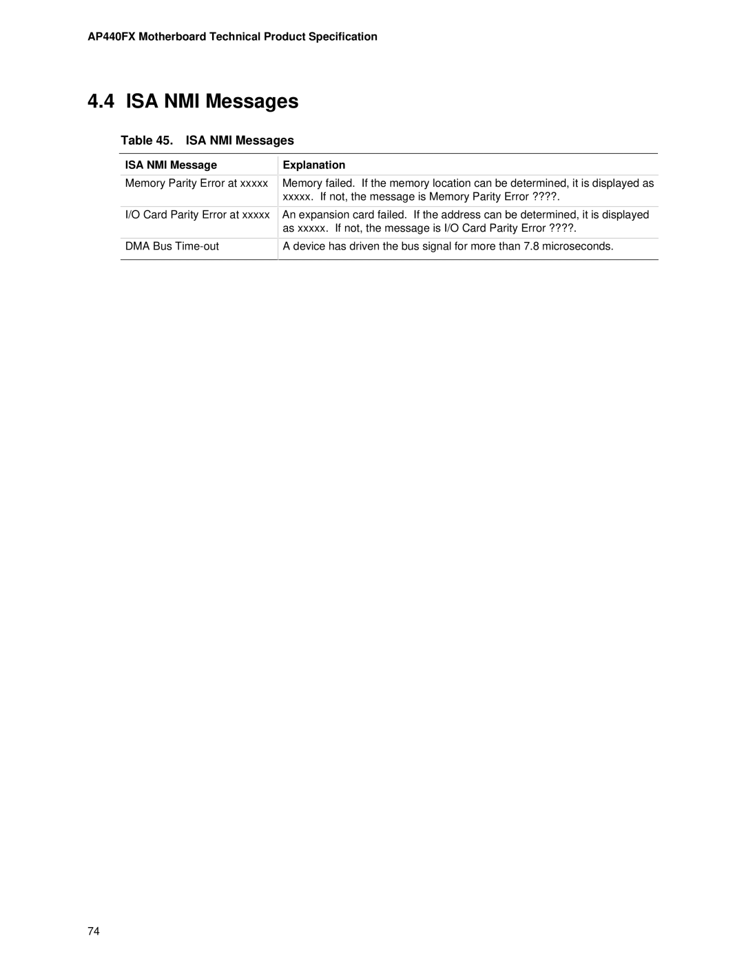 Intel AP440FX specifications ISA NMI Messages 