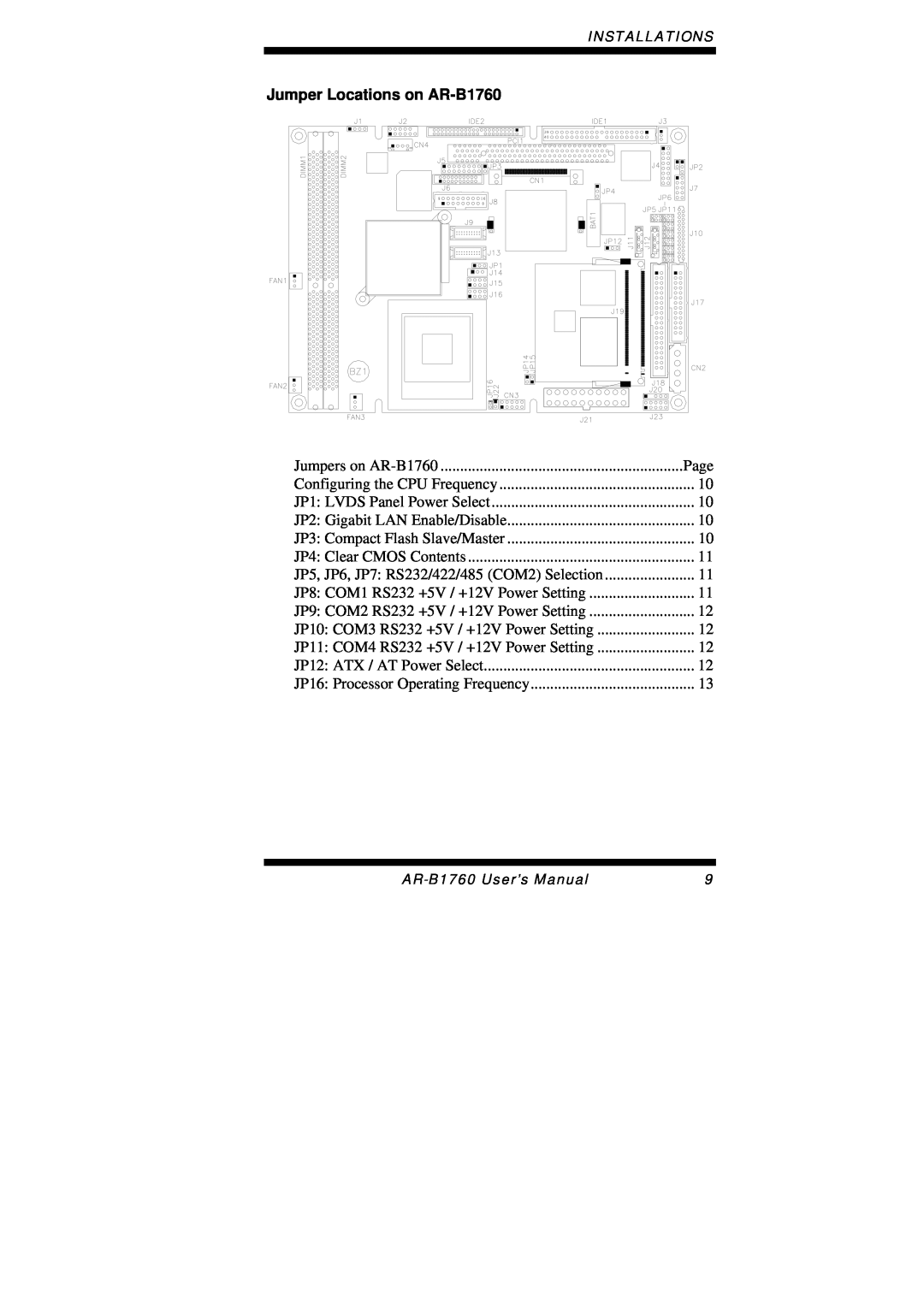 Intel user manual Jumper Locations on AR-B1760 