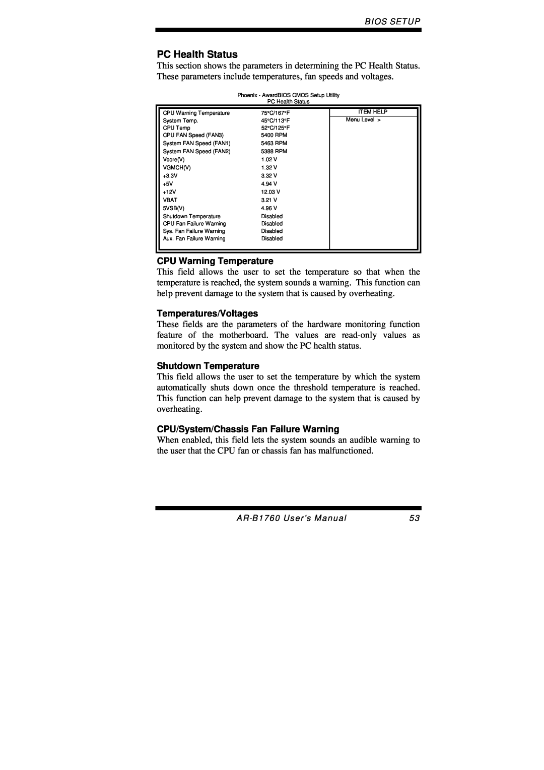 Intel AR-B1760 user manual PC Health Status, CPU Warning Temperature, Temperatures/Voltages, Shutdown Temperature 