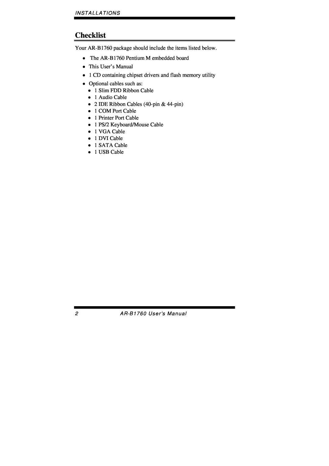 Intel AR-B1760 user manual Checklist 