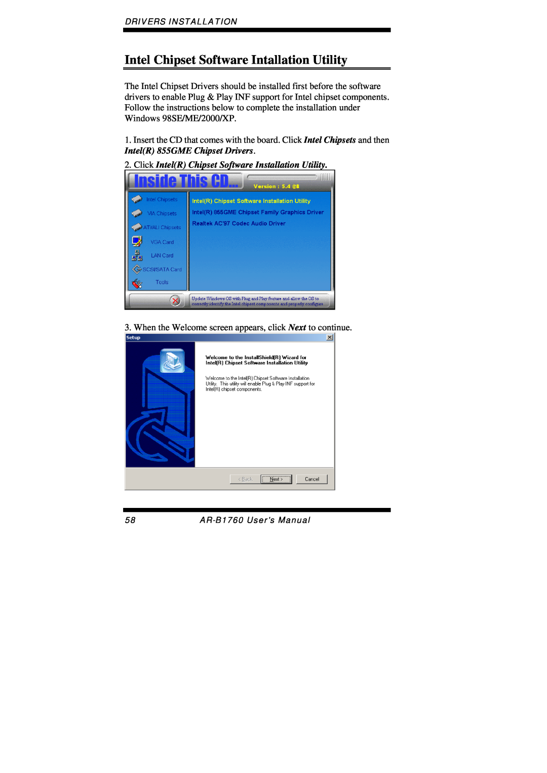 Intel AR-B1760 user manual Intel Chipset Software Intallation Utility, Drivers Installation 