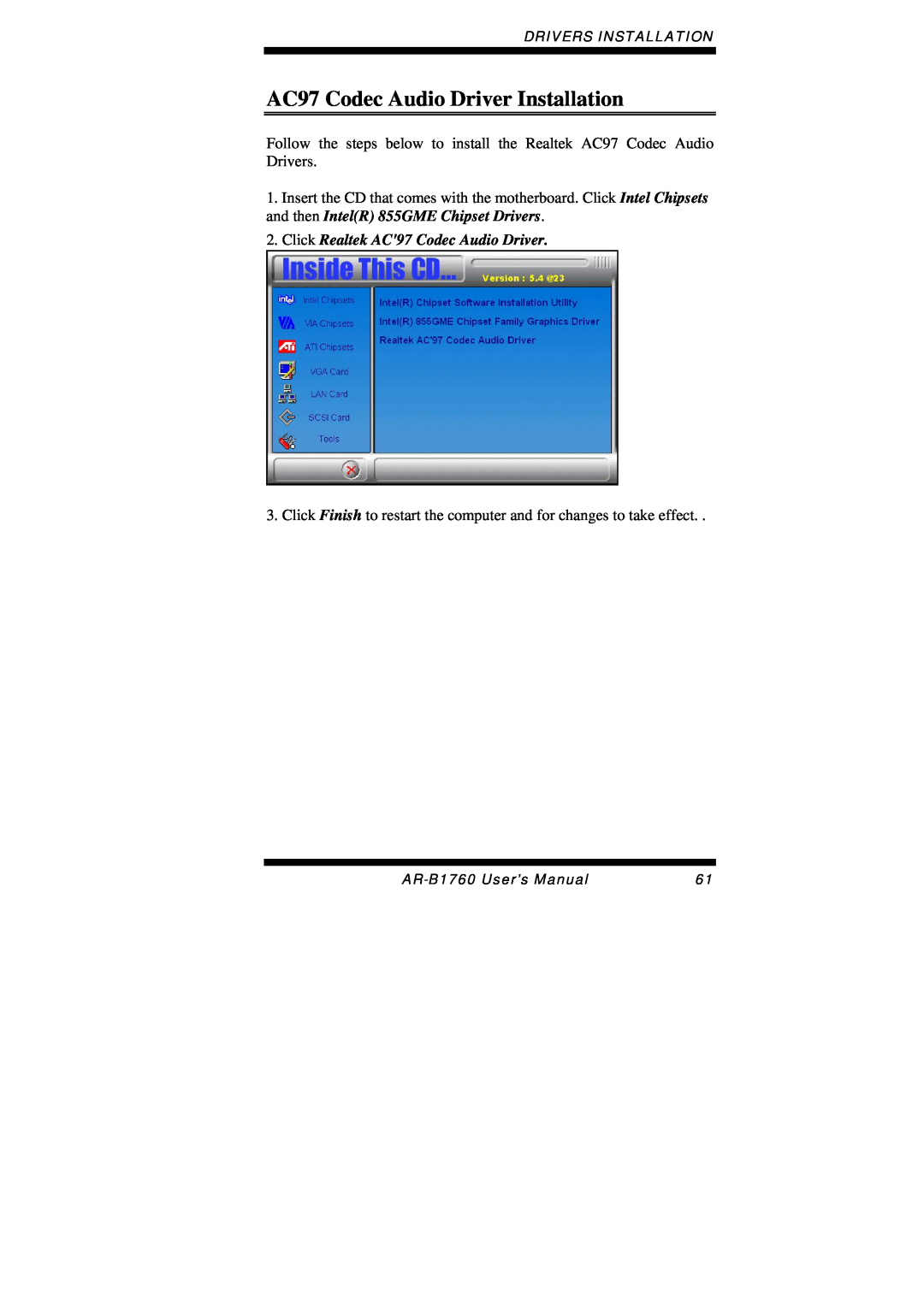 Intel AR-B1760 user manual AC97 Codec Audio Driver Installation, Click Realtek AC97 Codec Audio Driver 