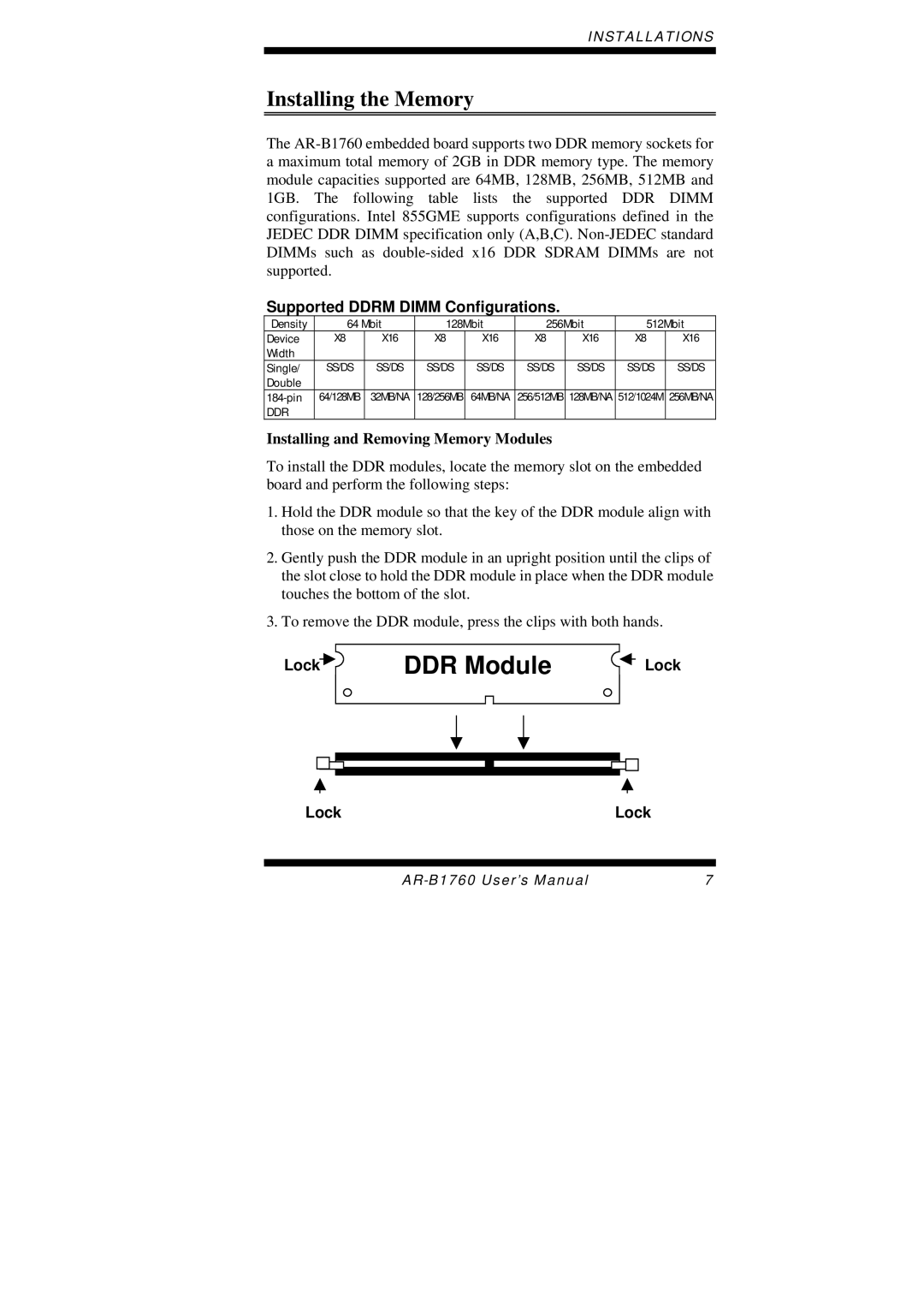 Intel AR-B1760 Installing the Memory, Supported Ddrm Dimm Configurations, Installing and Removing Memory Modules, Lock 