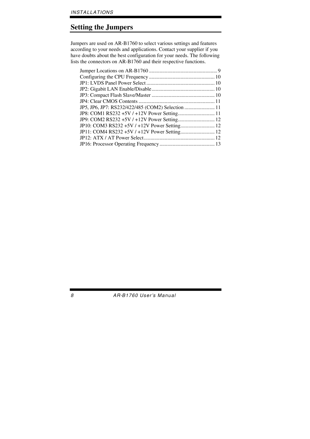 Intel AR-B1760 user manual Setting the Jumpers 