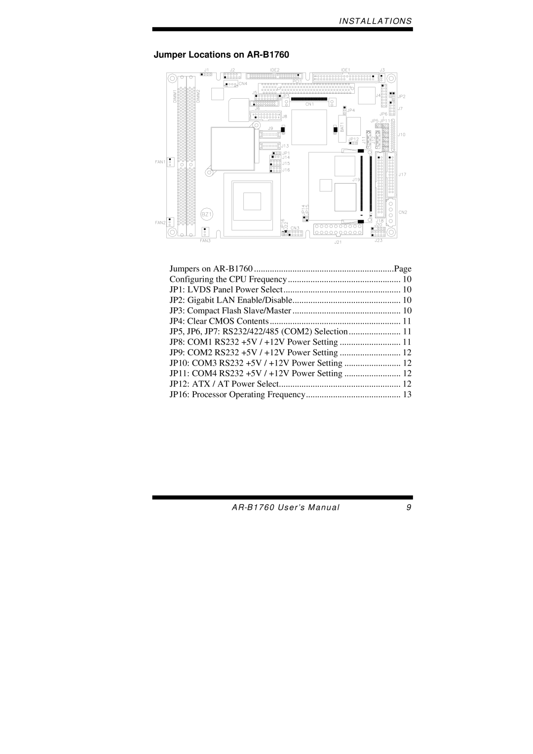 Intel user manual Jumper Locations on AR-B1760 