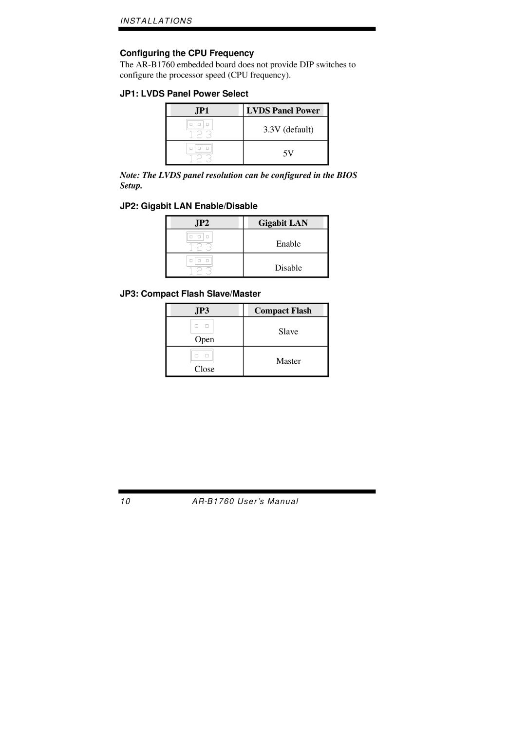 Intel AR-B1760 user manual Configuring the CPU Frequency, JP1 Lvds Panel Power Select, JP2 Gigabit LAN Enable/Disable 