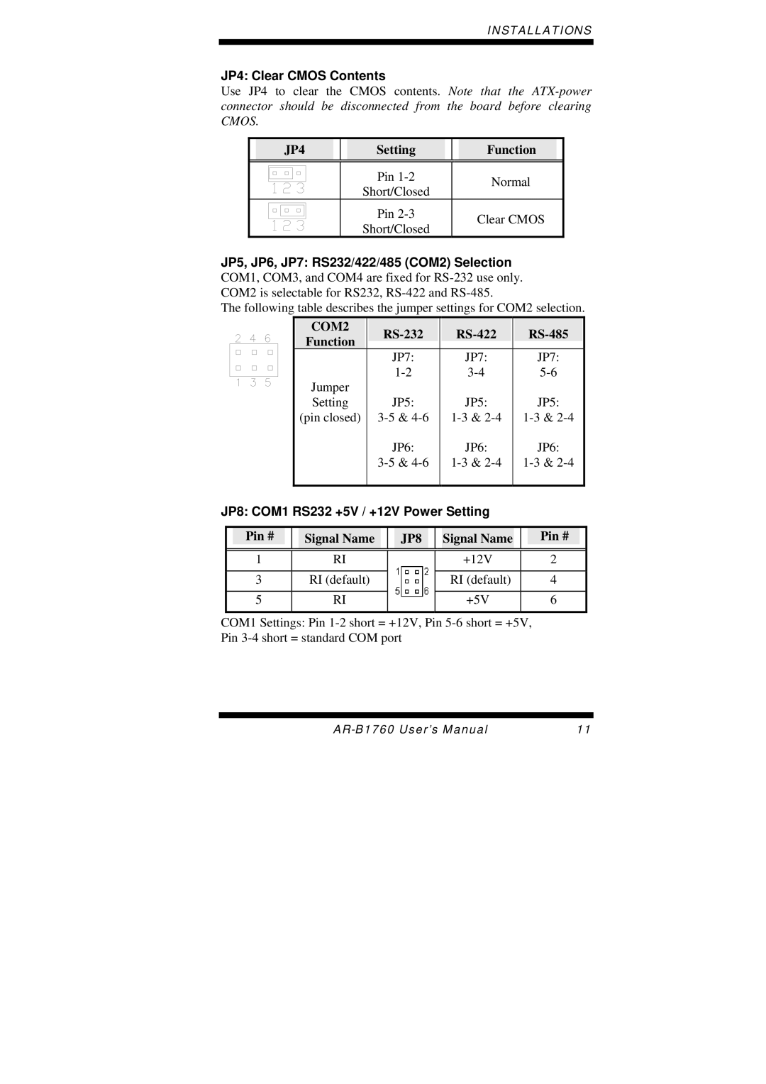 Intel AR-B1760 user manual JP4 Clear Cmos Contents, JP8 COM1 RS232 +5V / +12V Power Setting 