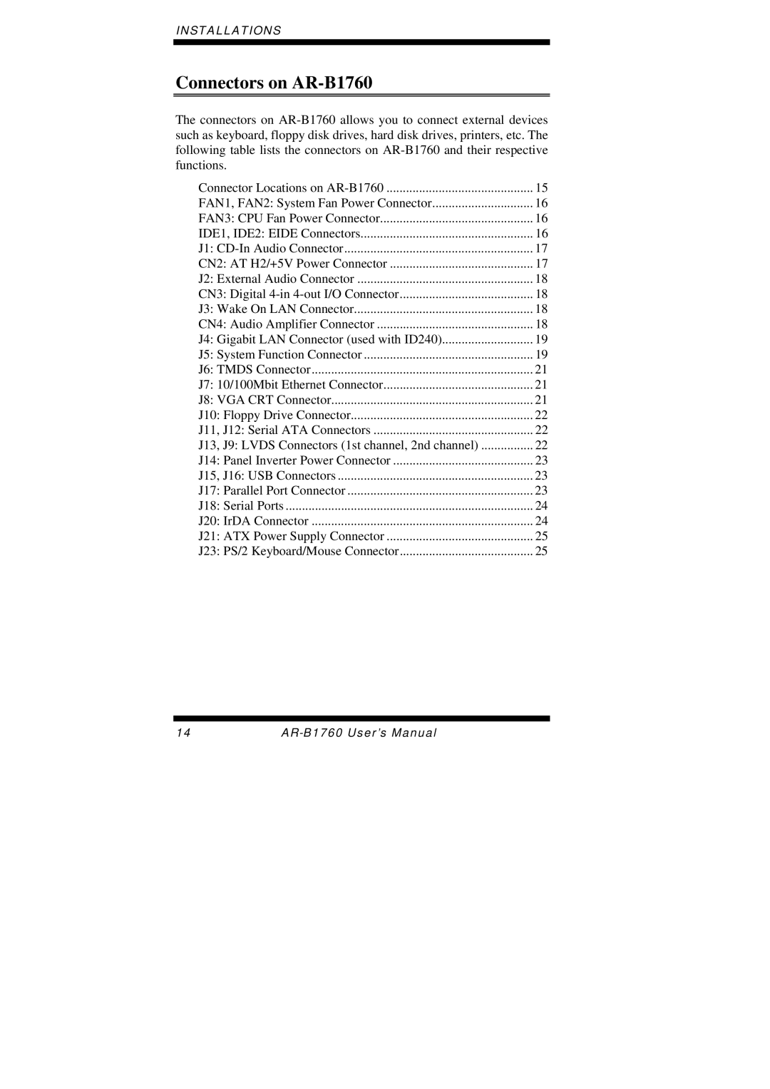 Intel user manual Connectors on AR-B1760 