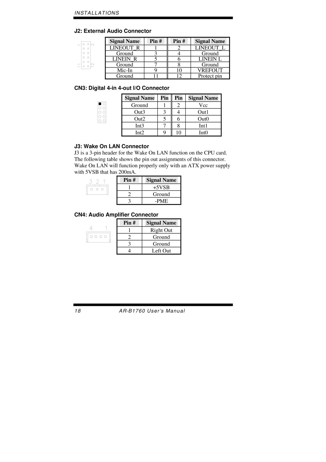 Intel AR-B1760 user manual J2 External Audio Connector, CN3 Digital 4-in 4-out I/O Connector, Signal Name Pin 