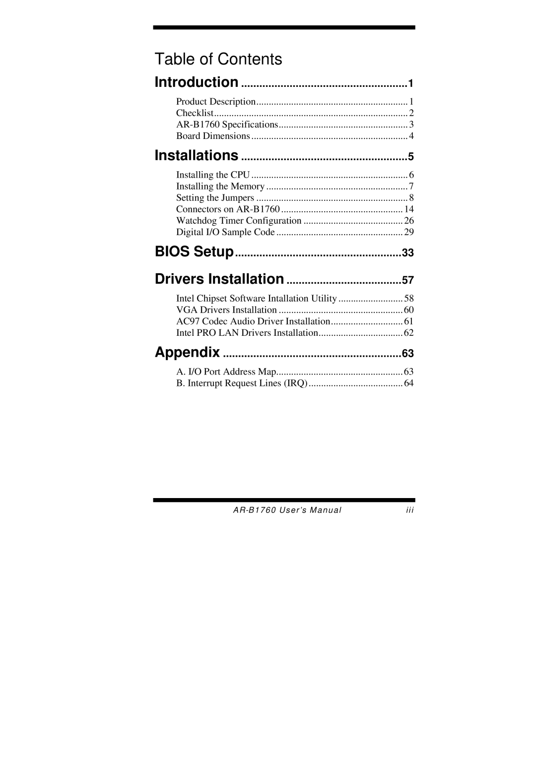 Intel AR-B1760 user manual Table of Contents 