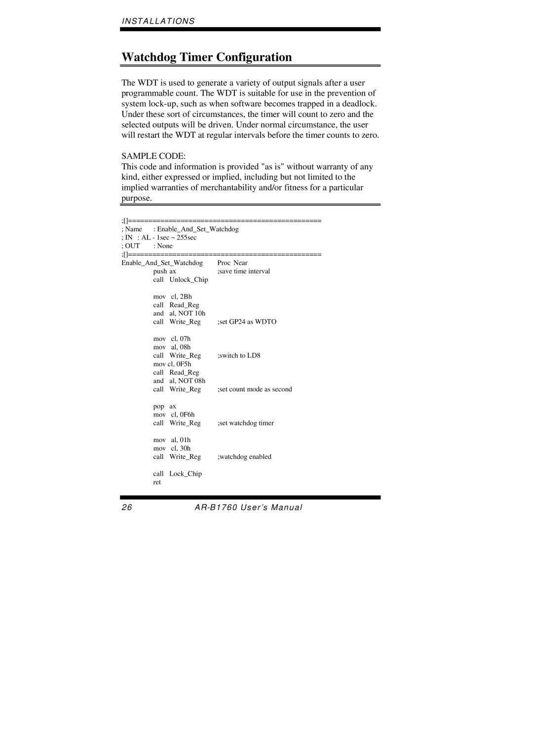 Intel AR-B1760 user manual Watchdog Timer Configuration, Sample Code 