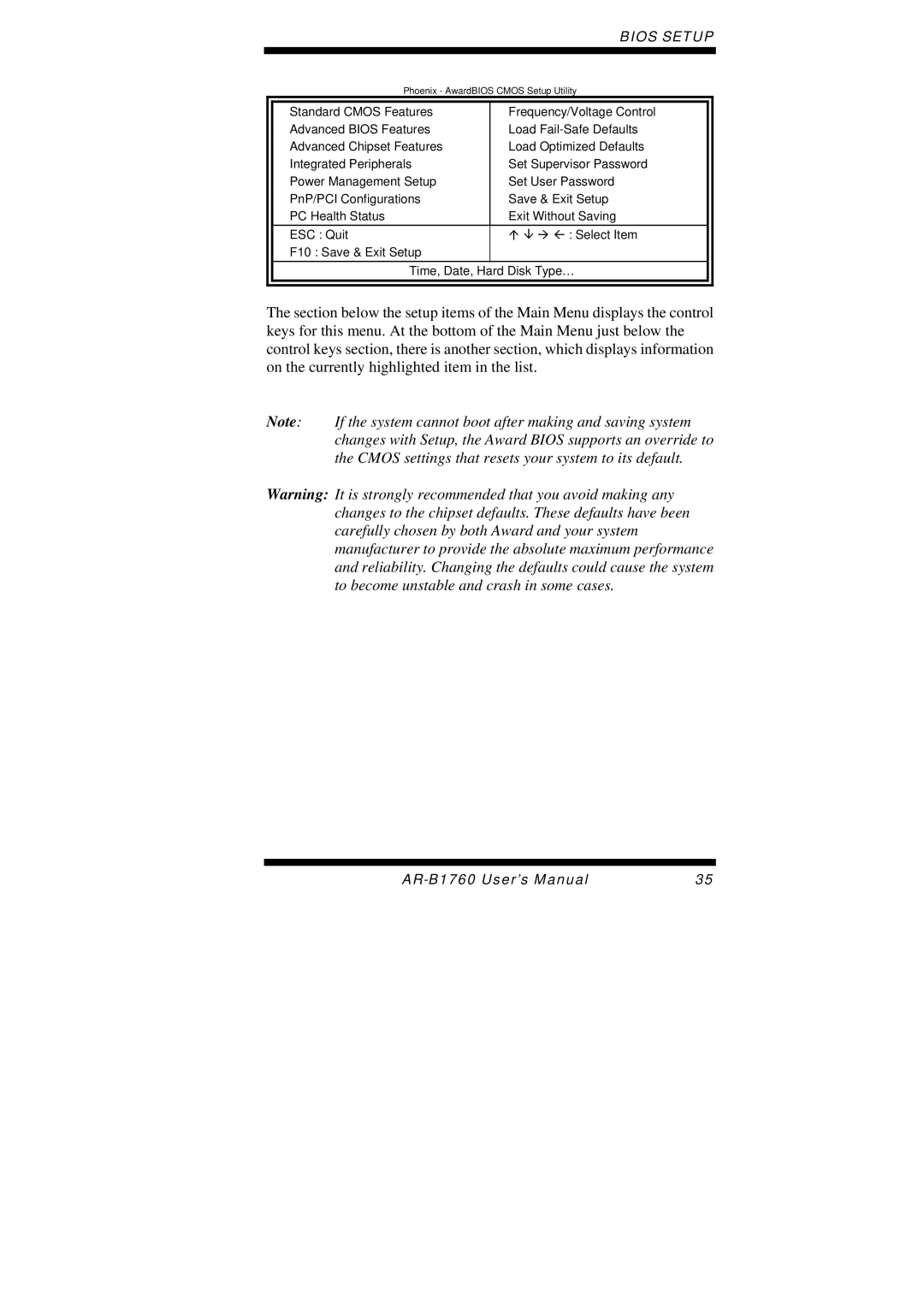 Intel AR-B1760 user manual Phoenix AwardBIOS Cmos Setup Utility 