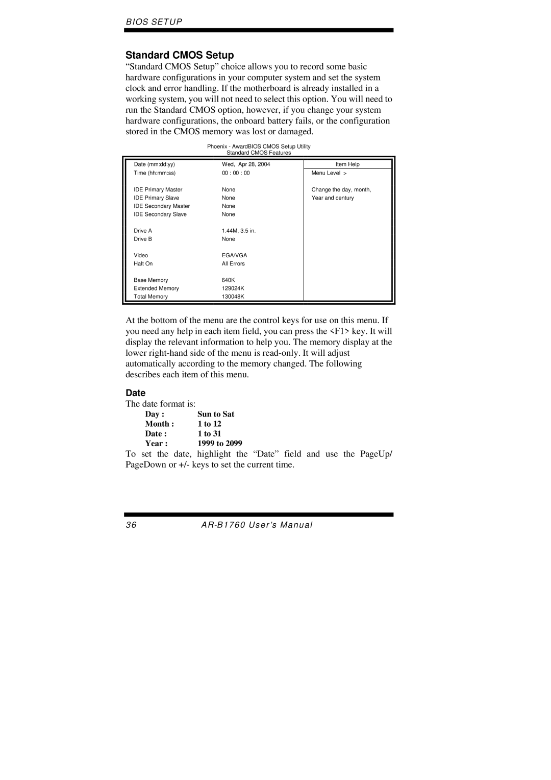 Intel AR-B1760 user manual Standard Cmos Setup, Date 