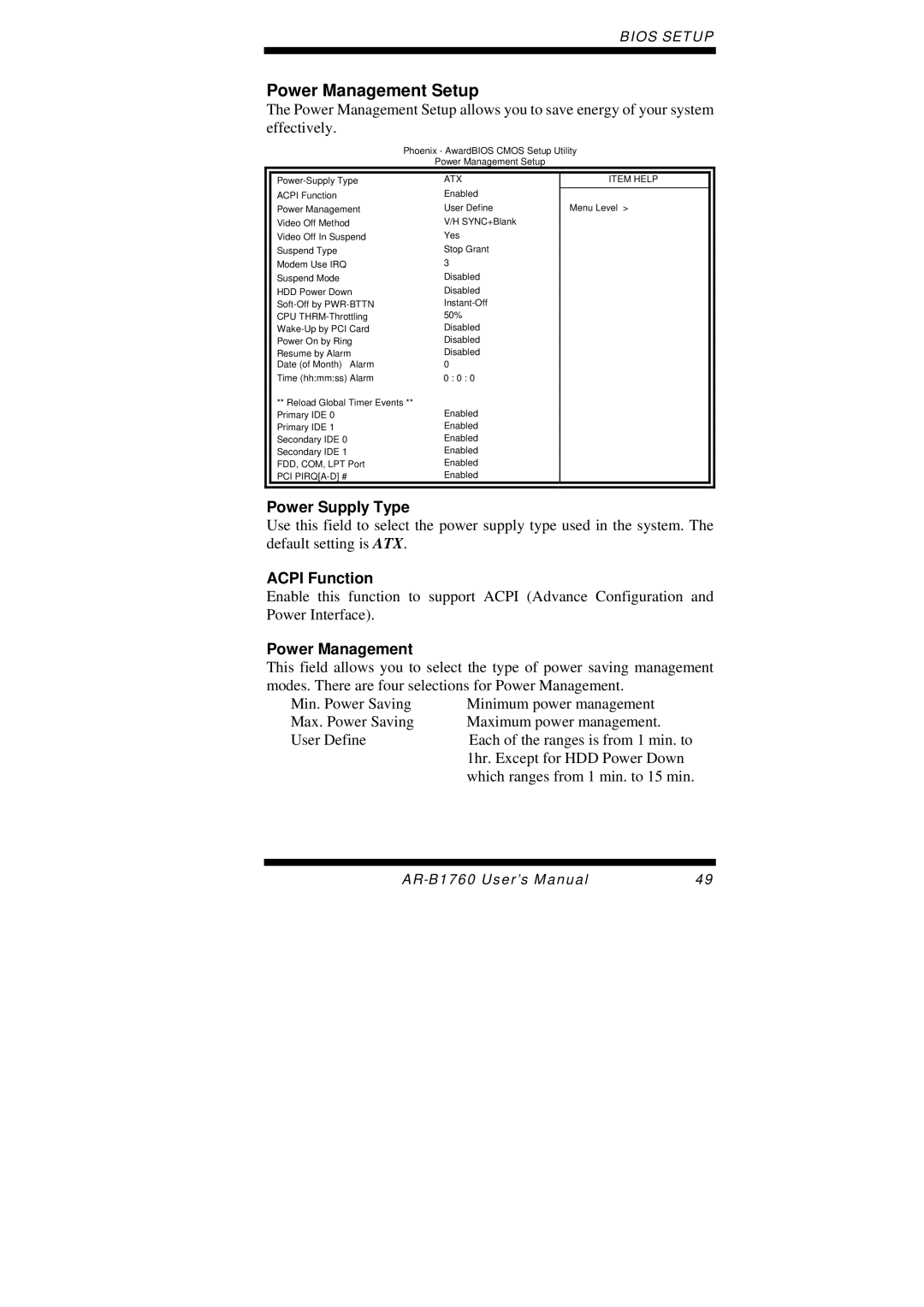 Intel AR-B1760 user manual Power Management Setup, Power Supply Type, Acpi Function 