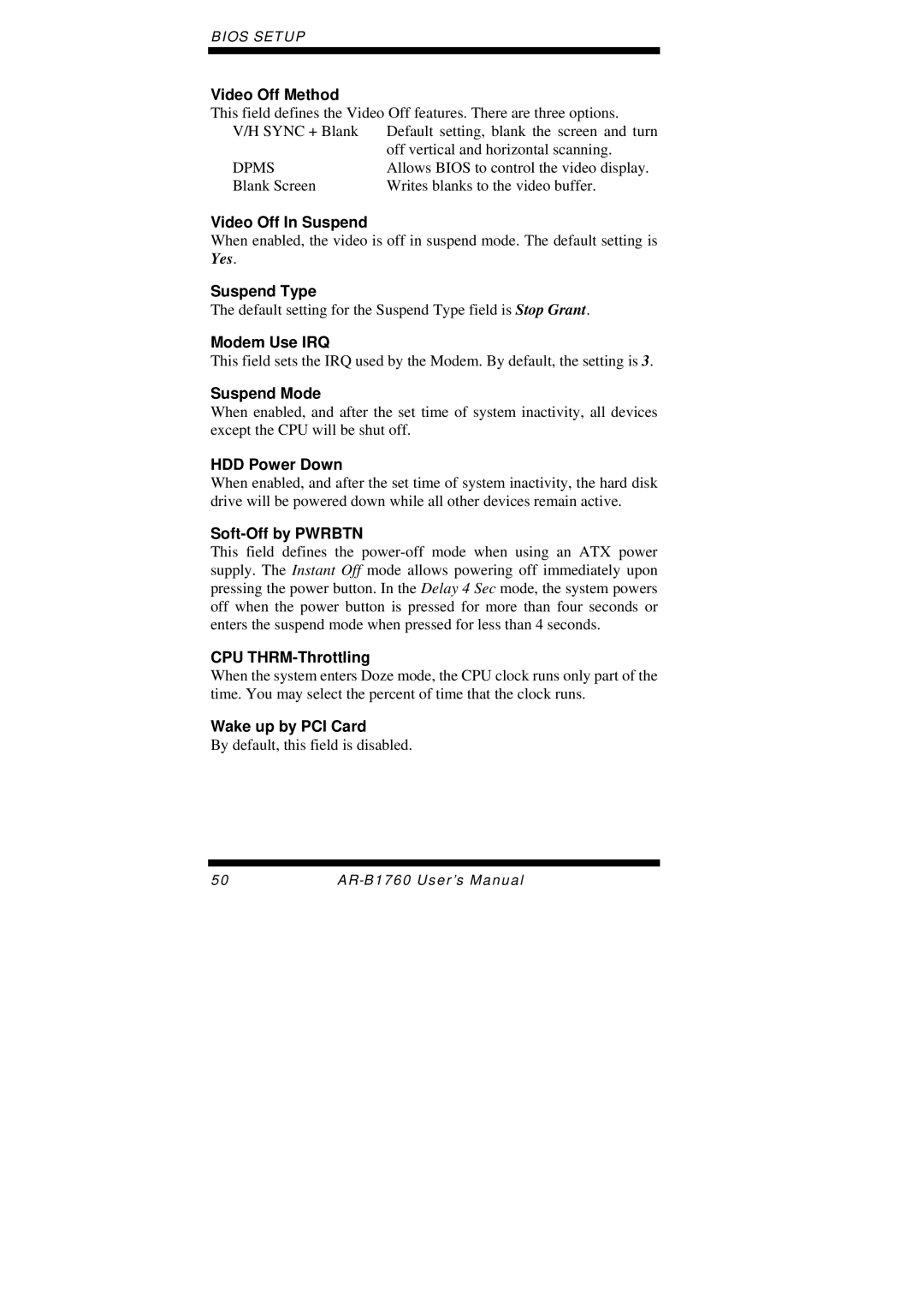 Intel AR-B1760 Video Off Method, Video Off In Suspend, Suspend Type, Modem Use IRQ, Suspend Mode, HDD Power Down 