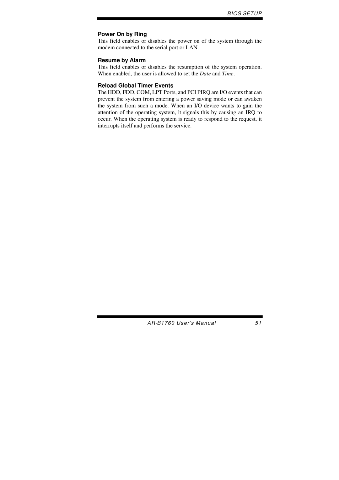 Intel AR-B1760 user manual Power On by Ring, Resume by Alarm, Reload Global Timer Events 