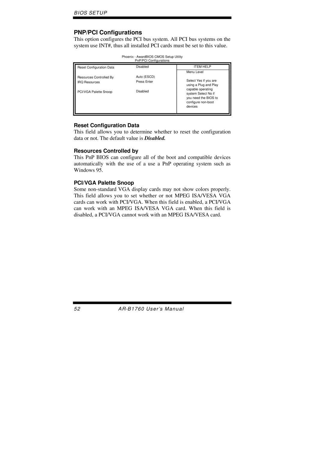 Intel AR-B1760 user manual PNP/PCI Configurations, Reset Configuration Data, Resources Controlled by, PCI/VGA Palette Snoop 