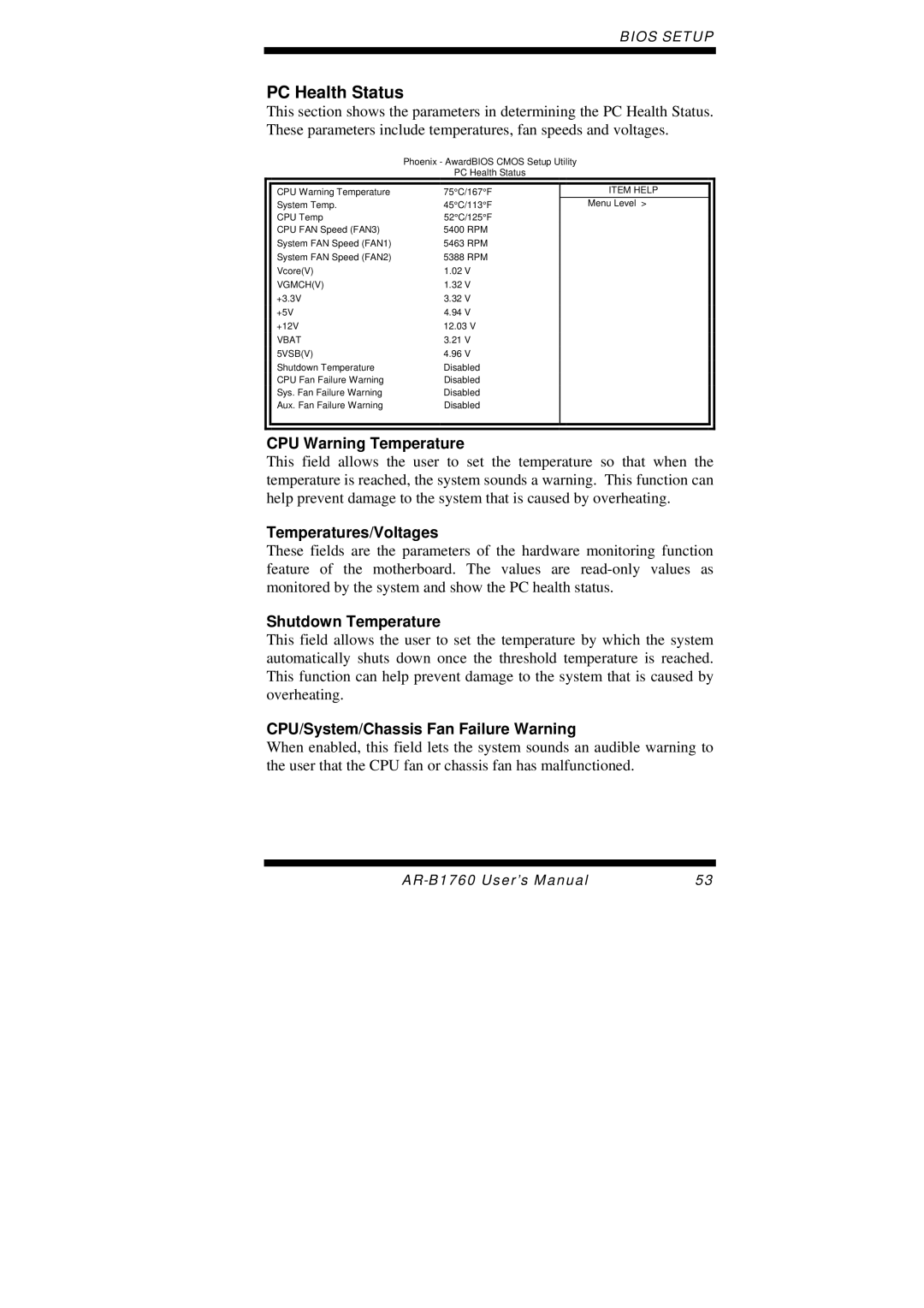 Intel AR-B1760 user manual PC Health Status, CPU Warning Temperature, Temperatures/Voltages, Shutdown Temperature 