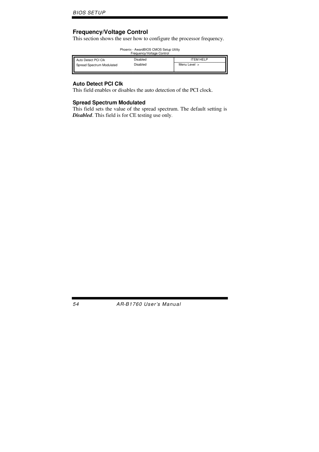 Intel AR-B1760 user manual Frequency/Voltage Control, Auto Detect PCI Clk, Spread Spectrum Modulated 