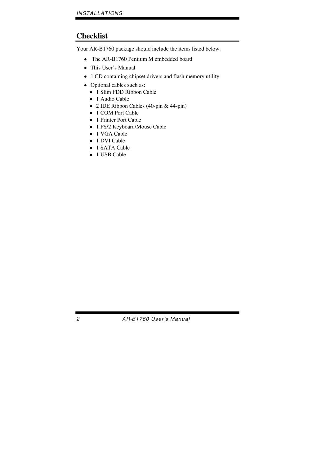 Intel AR-B1760 user manual Checklist 