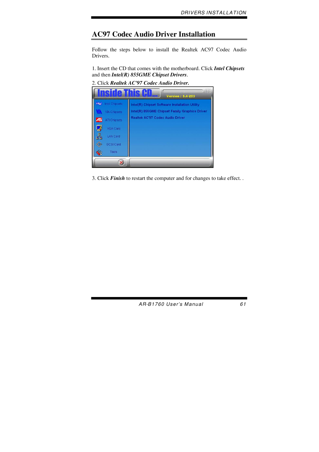 Intel AR-B1760 user manual AC97 Codec Audio Driver Installation, Click Realtek AC97 Codec Audio Driver 