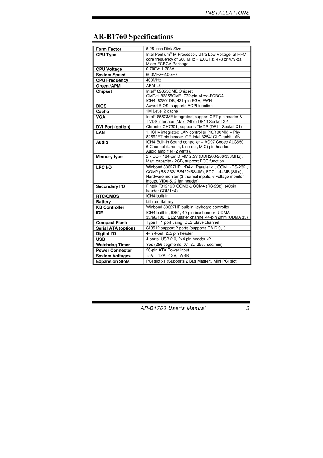 Intel user manual AR-B1760 Specifications, CPU Type 