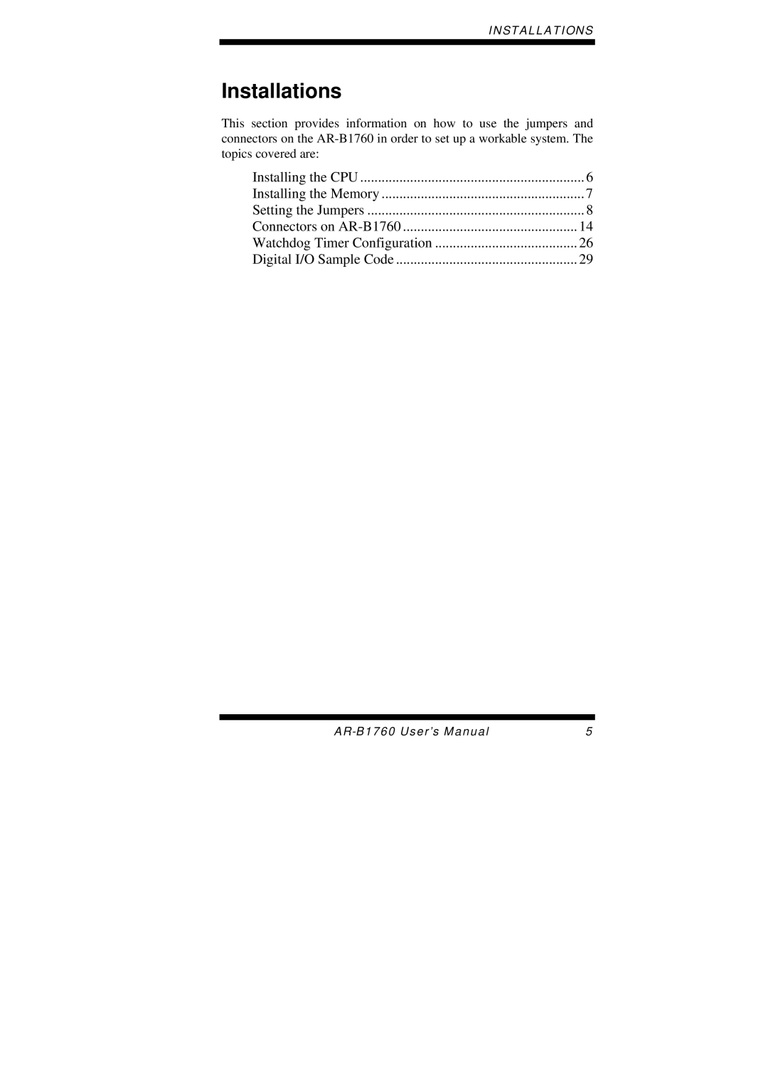 Intel AR-B1760 user manual Installations 