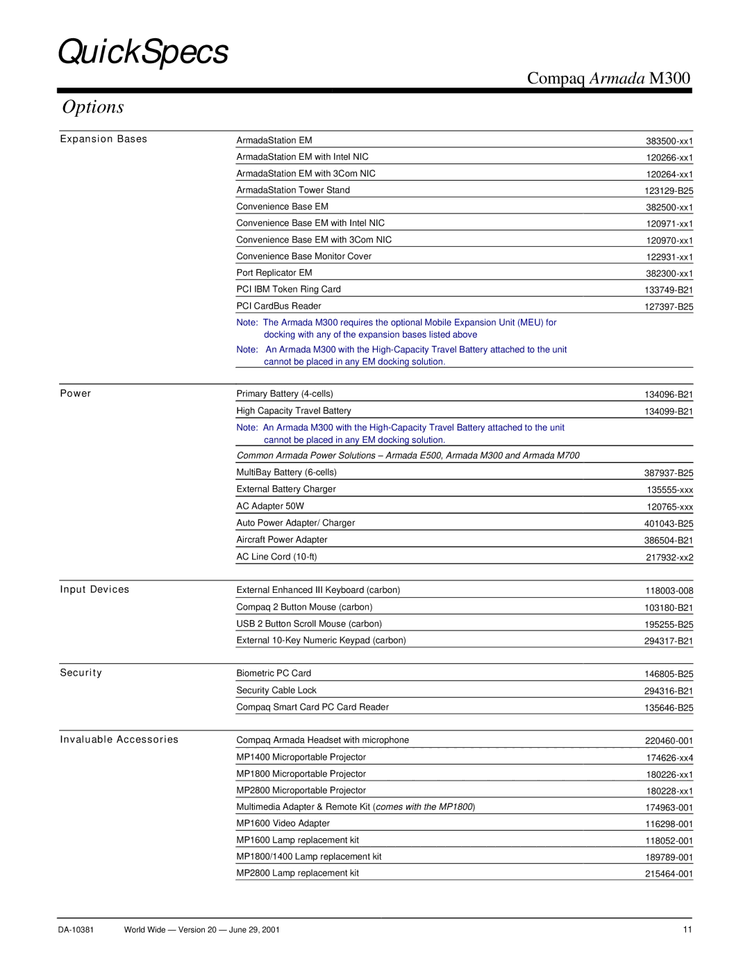 Intel Armada M300 warranty Expansion Bases, Power, Input Devices, Security, Invaluable Accessories 