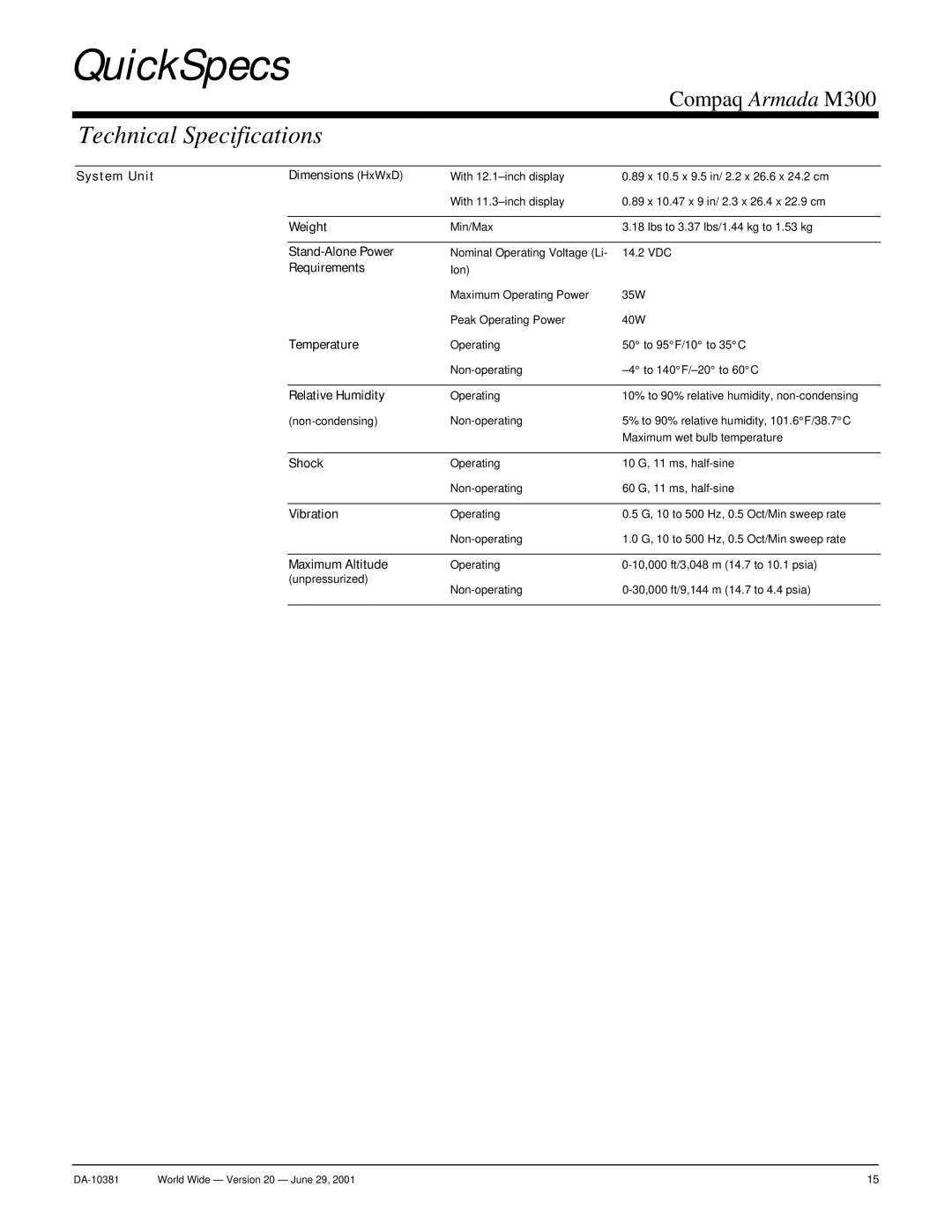 Intel Armada M300 warranty Technical Specifications 