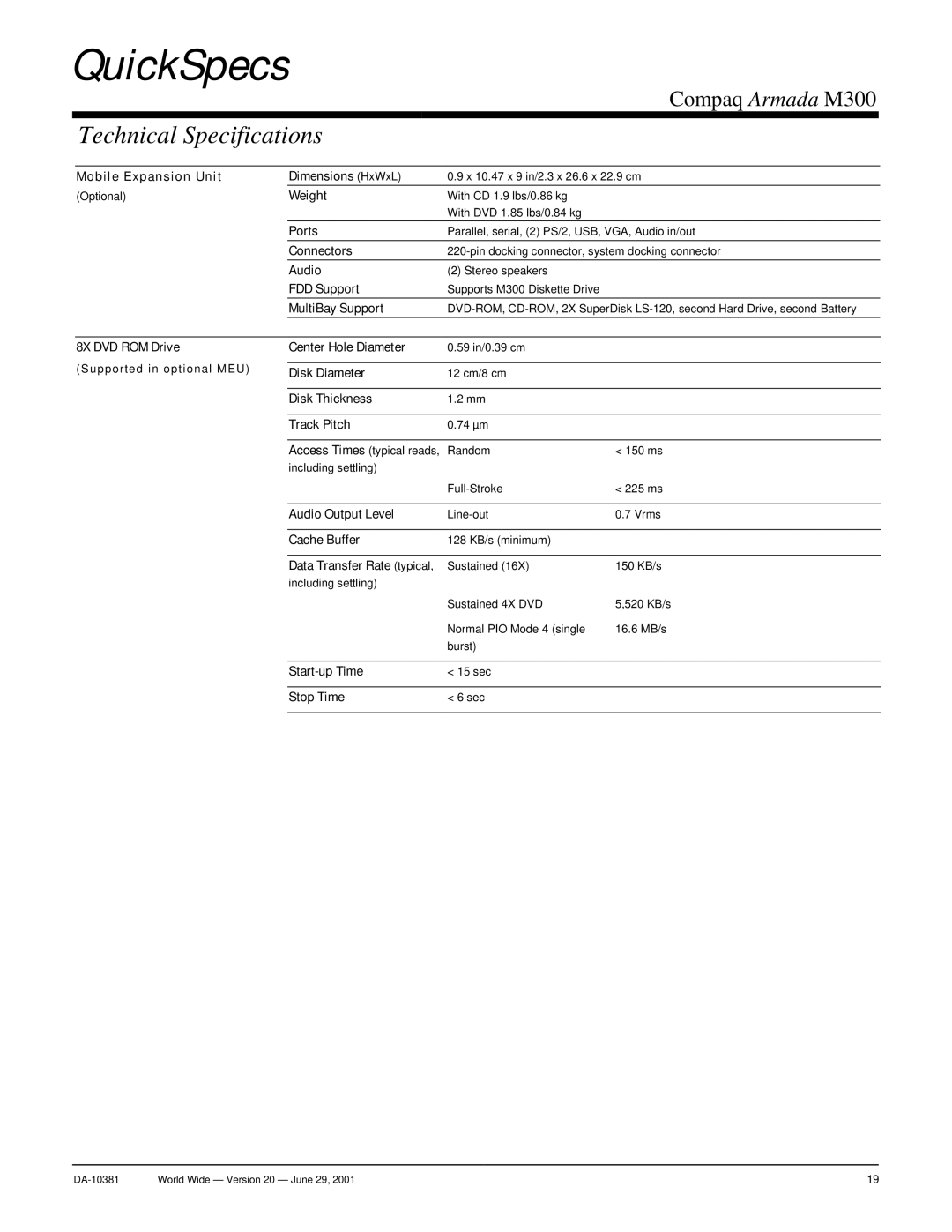 Intel Armada M300 Mobile Expansion Unit Dimensions HxWxL, Ports, Connectors, FDD Support, MultiBay Support, Disk Diameter 