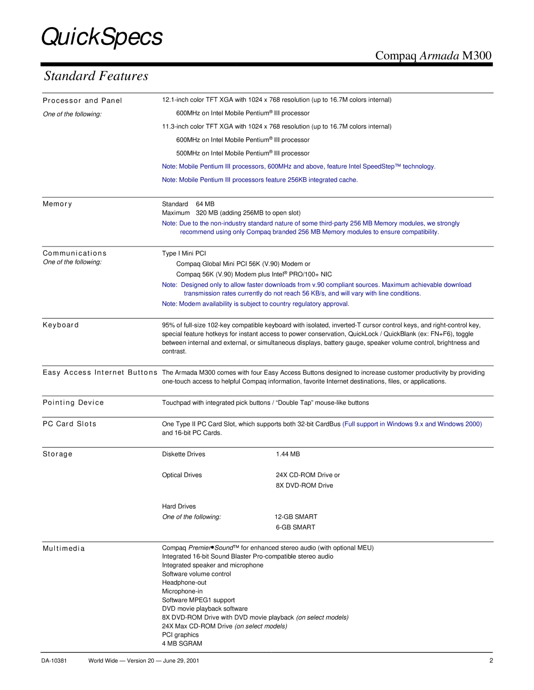 Intel Armada M300 warranty Standard Features 