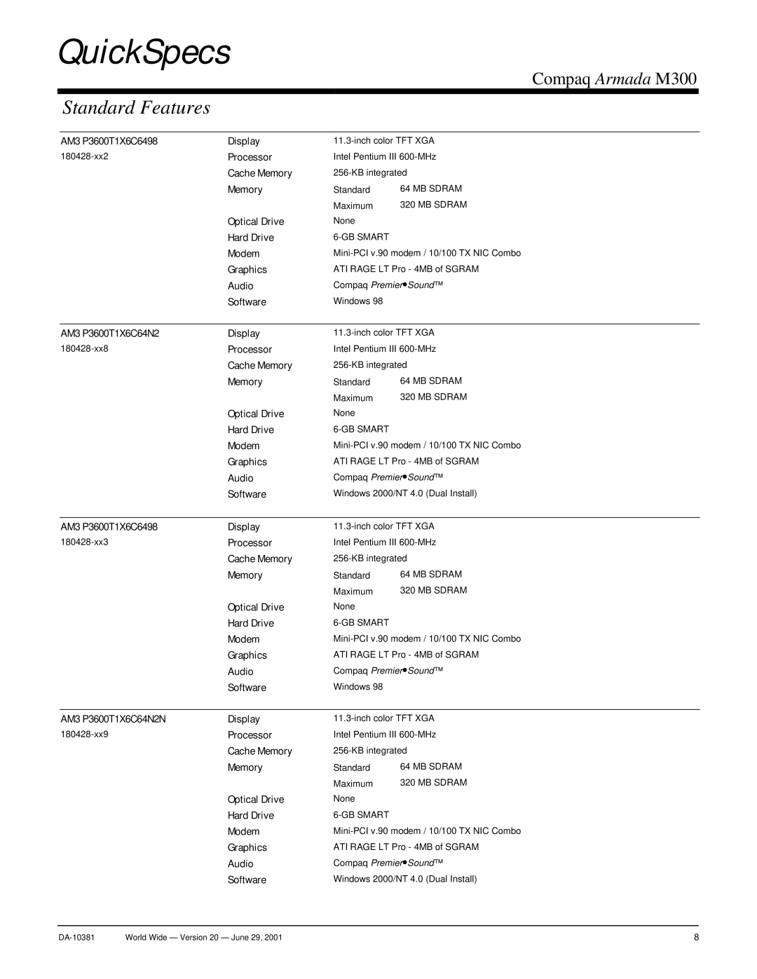 Intel Armada M300 warranty QuickSpecs 