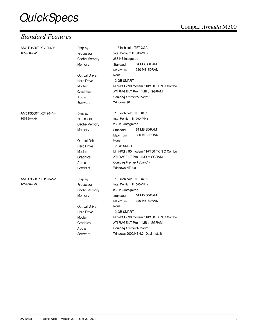 Intel Armada M300 warranty QuickSpecs 