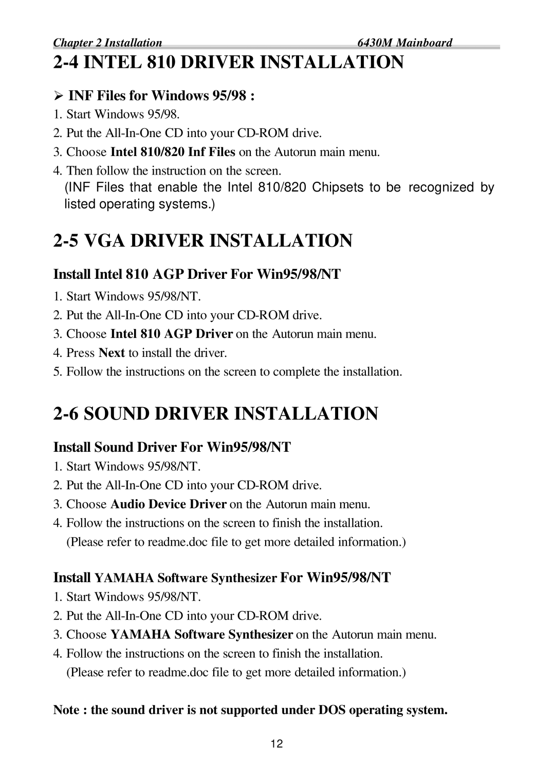 Intel ATC6430M appendix INF Files for Windows 95/98, Install Intel 810 AGP Driver For Win95/98/NT 