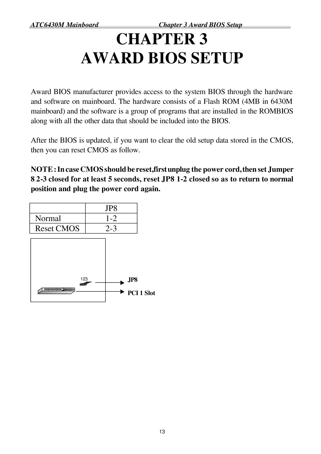 Intel ATC6430M appendix Chapter Award Bios Setup 