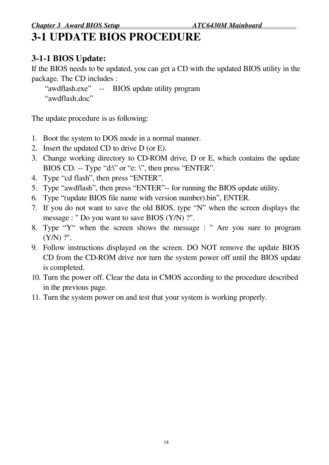 Intel ATC6430M appendix Update Bios Procedure, Bios Update 