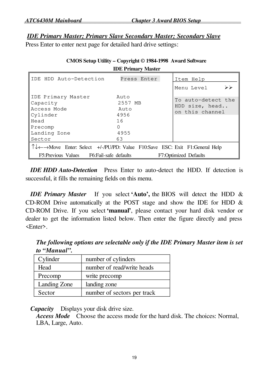 Intel ATC6430M appendix Award Bios Setup 