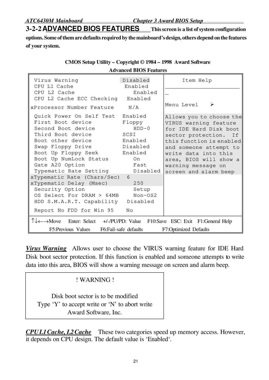 Intel appendix ATC6430M MainboardChapter 3 Award Bios Setup 