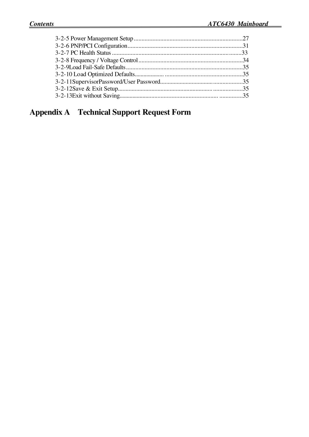 Intel ATC6430M appendix Appendix a Technical Support Request Form, Contents ATC6430 Mainboard 